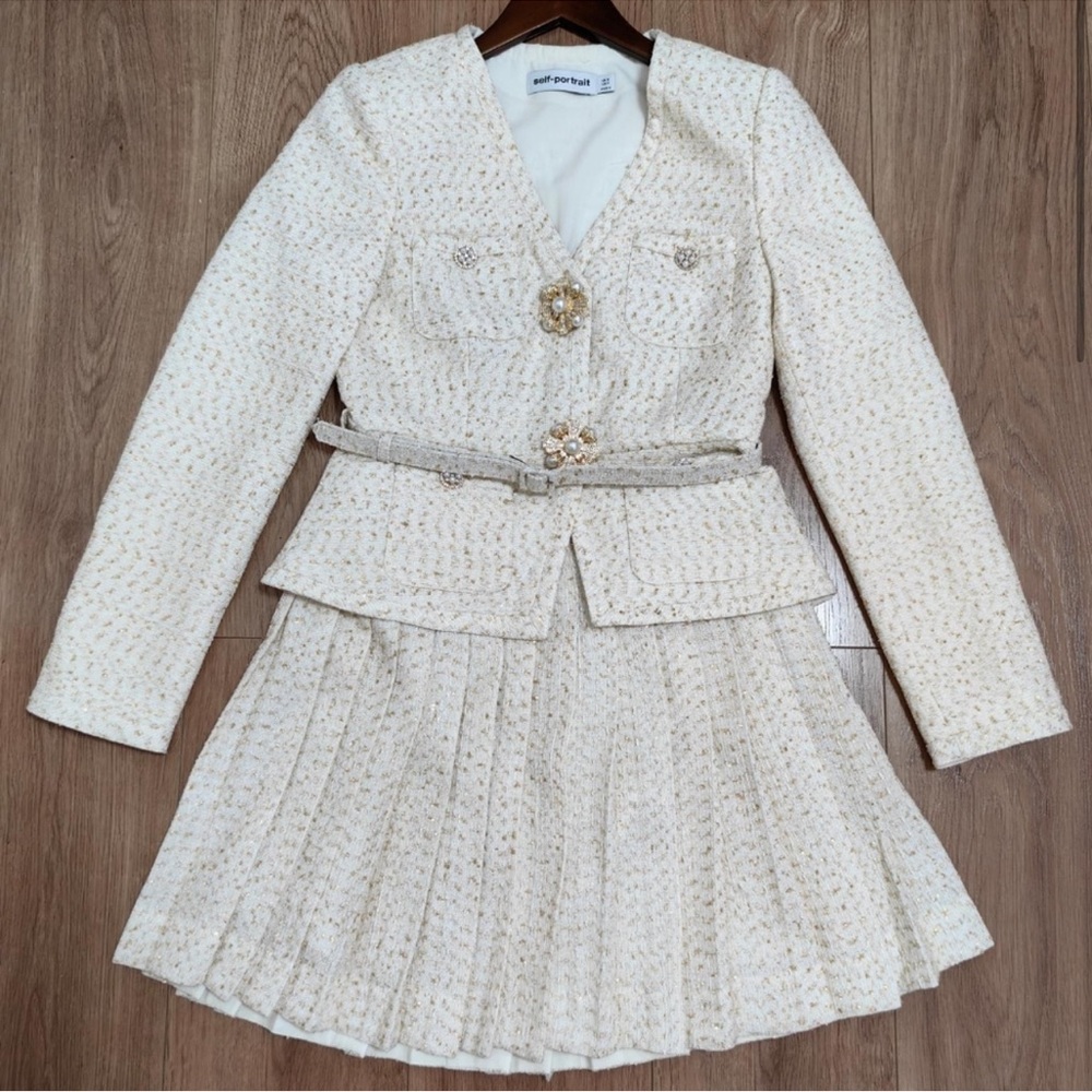 Self-Portrait pleated metallic bouclé jacket minidress